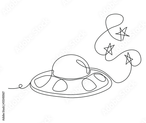 Continuous one line drawing of  flying UFO. Vector illustration
