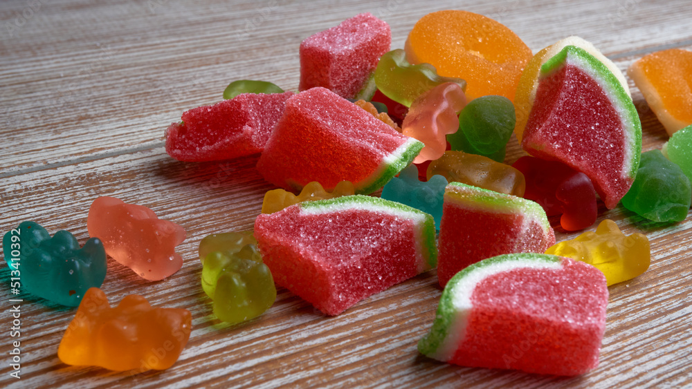 Multi-colored marmalade jelly candy's. Dessert marmalade in the form of watermelon slices and rings. Multi-colored marmalade jelly candy's. Dessert marmalade in the form of watermelon slices and rings.