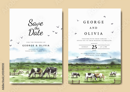 Watercolor wedding invitation of farm in savannah nature landscape 