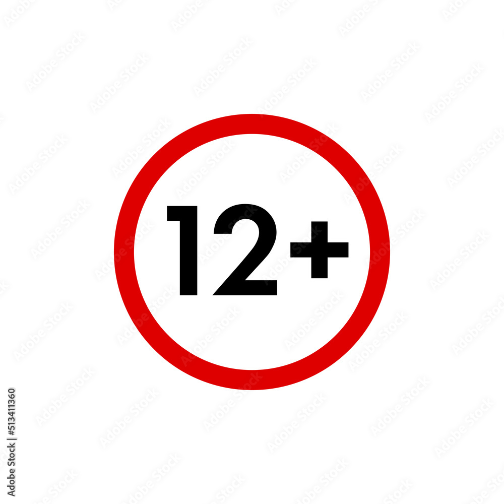 Twelve plus icon, under 12 years old prohibition sign, age restriction symbol isolated on white. Vector illustration. Twelve plus icon, under 12 years old prohibition sign, age restriction symbol isolated on white. Vector illustration.