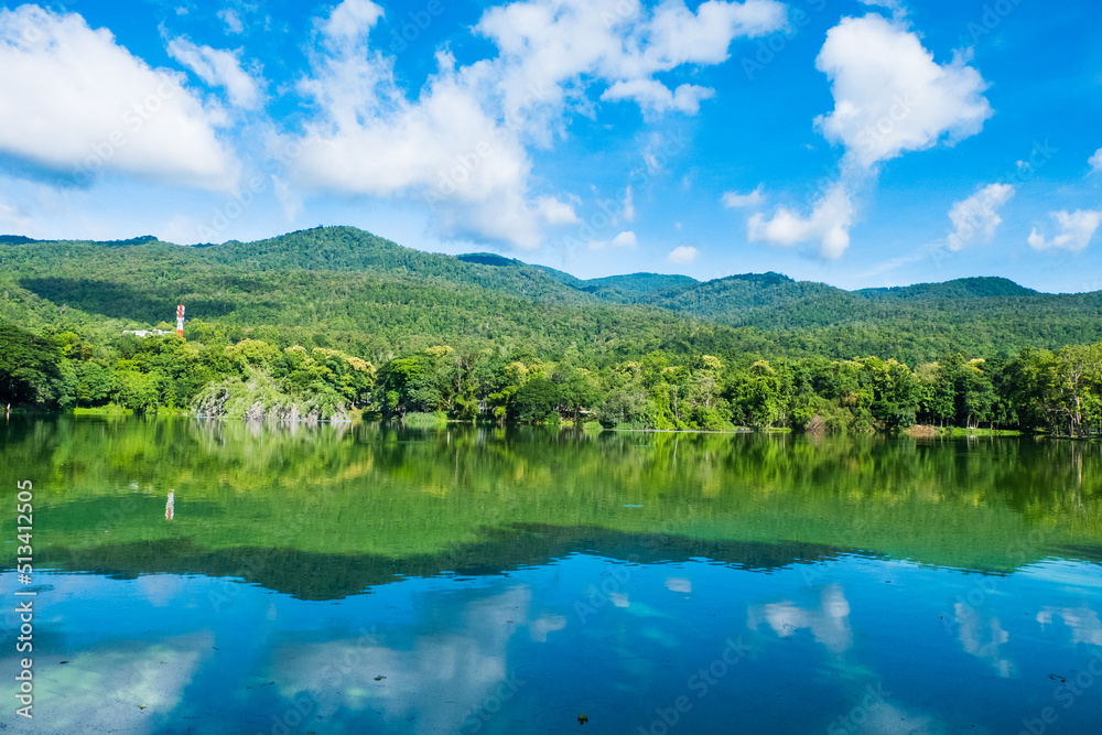 Beautiful Mountain lake with blue sky , Mountain forest lake landscape.