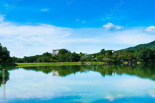 Beautiful Mountain lake with blue sky   Mountain forest lake landscape.
