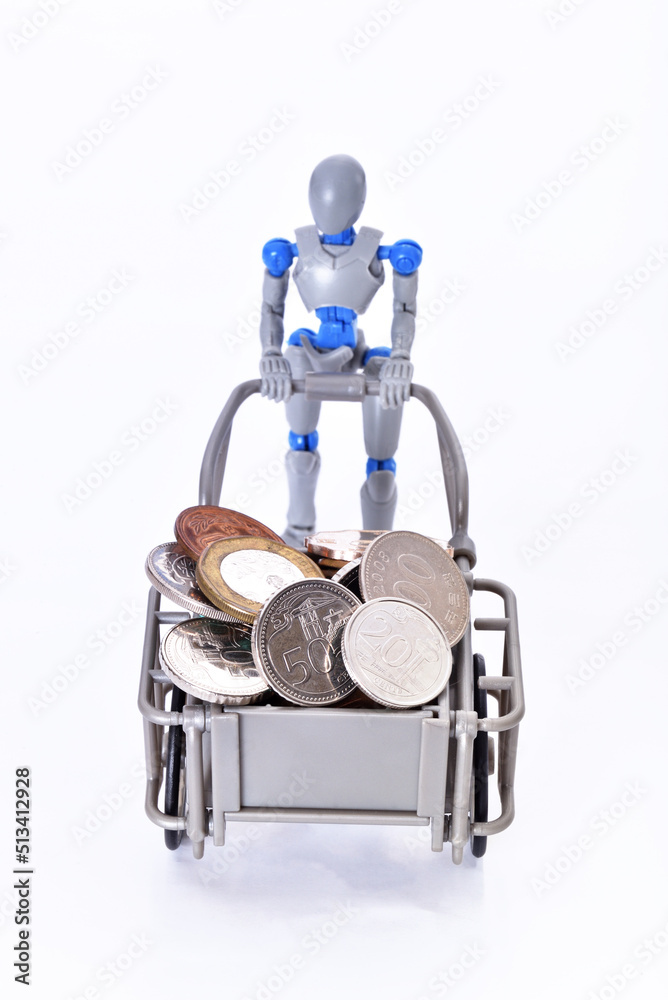 Dummy pulling a cart with coins of various countries on white background. Dummy pulling a cart with coins of various countries on white background.