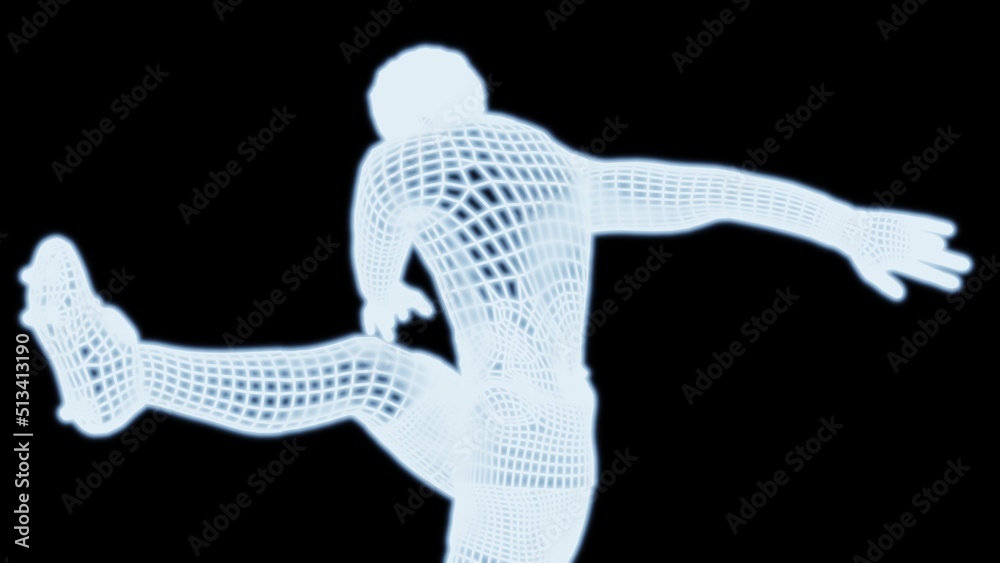 Fototapeta premium Abstract football player which consists of blue illuminated line on dark background. Concept 3D illustration of sports technology.