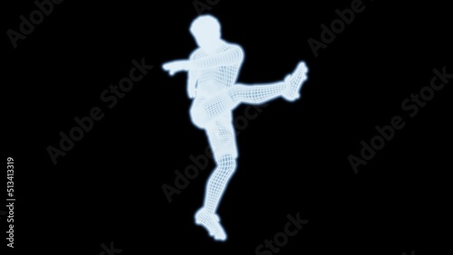 Abstract football player which consists of blue illuminated line on dark background. Concept 3D illustration of sports technology. © DRN Studio