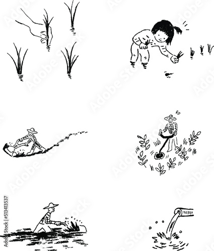 作草刈から田植え線画イラスト