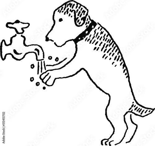 手を洗う犬のモノクロ線画イラスト
