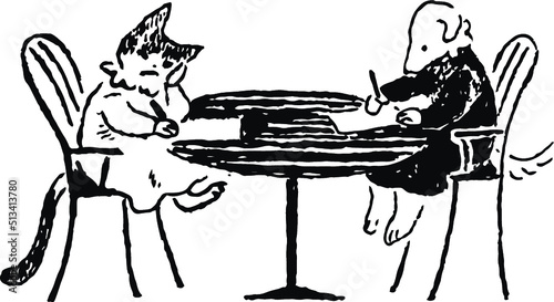 勉強するドレスを着た犬と猫