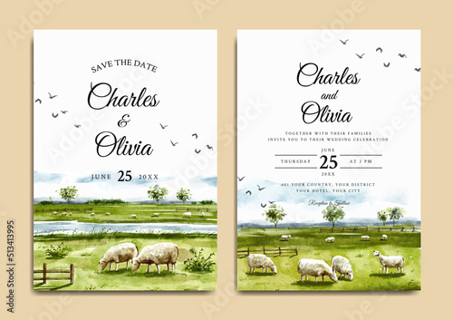 Watercolor wedding invitation of sheep farm in savannah nature landscape 