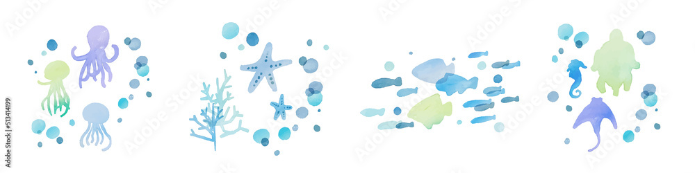 Fototapeta 水彩画 水彩タッチのマリン背景 海の生き物の装飾背景 夏の水彩マリン背景 Watercolor Painting Marine Background With Watercolor Touch Sea Creatures Decoration Background Summer Watercolor Marine Background Akwarela Wektor Pisma