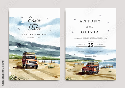 Wedding invitation set of road trip on the beach watercolor