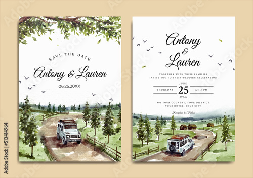 Watercolor wedding invitation set of nature landscape with road trip 