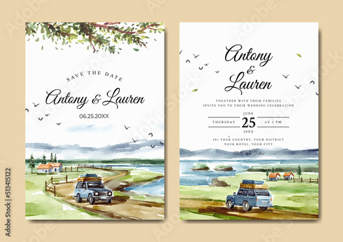 Wedding invitation set of road trip with beach view watercolor