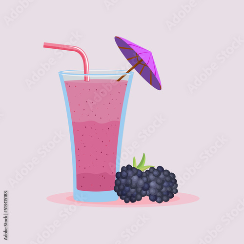 Blackberry smoothie illustration isolated on pastel purple background.