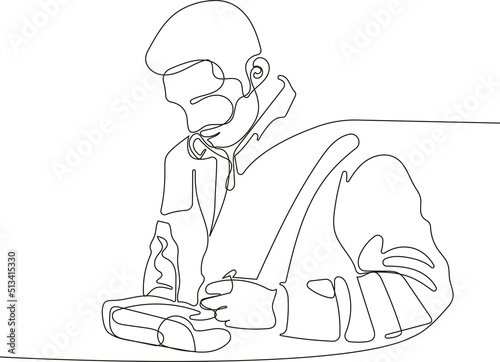 Close up of young Caucasian worker with helmet on head using tablet for work while standing in warehouse. Vector illustration
