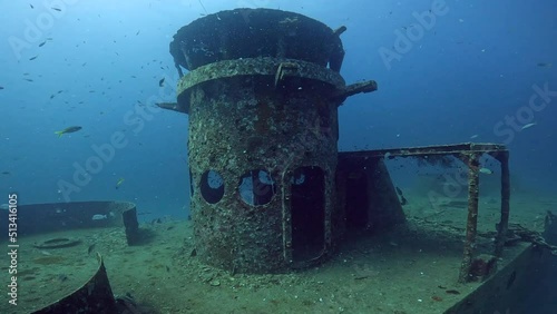 Under water film of the bridge of the ship wreck HTMS Sattakut at Ko Tao island - Sail Rock Island in Thailand photo