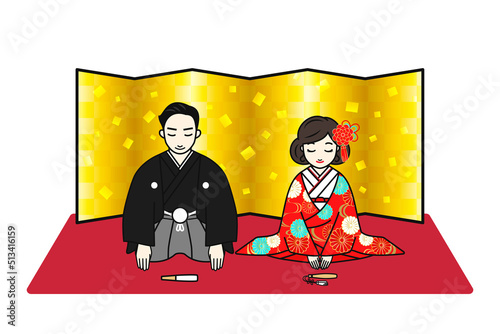 和装の新郎新婦が金屏風の前で並んでお辞儀をしているイラスト　色打掛　黒紋付羽織袴