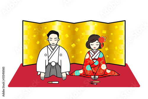 和装の新郎新婦が金屏風の前で並んでお辞儀をしているイラスト　色打掛　色紋付羽織袴