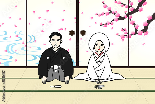 梅の花の襖絵がある和室で和装の新郎新婦が笑顔で並んで座っているイラスト　白無垢　黒紋付羽織袴