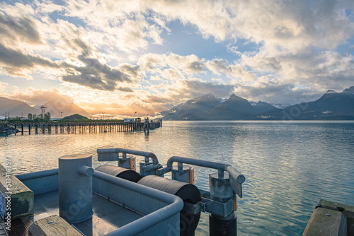Kelsey Dock or Valdez Ferry Terminal in Valdez, Alaska at sunrise.