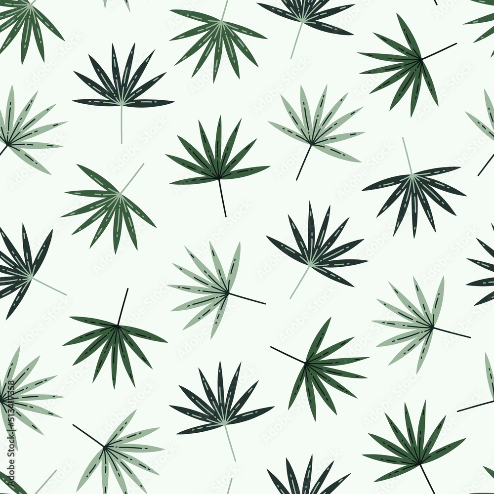 Fan palm branch with green leaves seamless vector pattern. Hand drawn tropical plant with veiny leaves, on a stem. Flat cartoon illustration isolated on white. Exotic tree twig, botanical backdrop