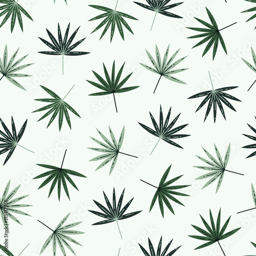 Fan palm branch with green leaves seamless vector pattern. Hand drawn tropical plant with veiny leaves  on a stem. Flat cartoon illustration isolated on white. Exotic tree twig  botanical backdrop
