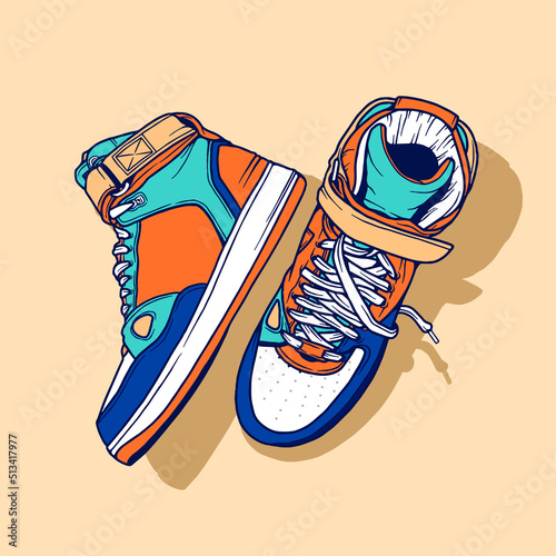 Fashion sneakers illustration in colorful drawings, digital graphics sneakers vector line art isolated, shoe illustration template.