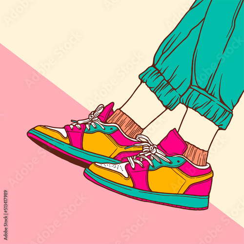 Fashion sneakers illustration in colorful drawings, digital graphics sneakers vector line art isolated, shoe illustration template.