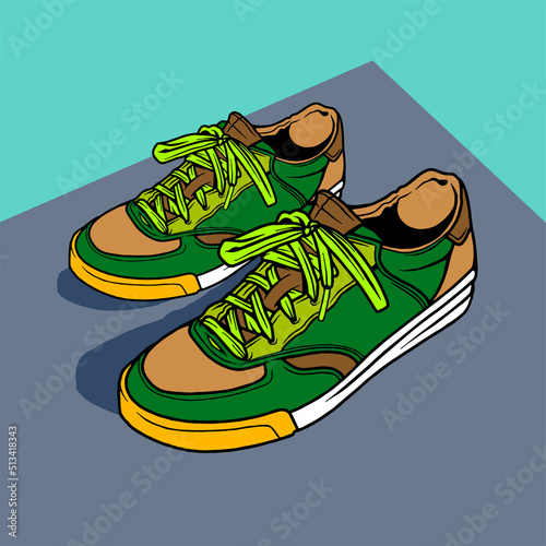 Fashion sneakers illustration in colorful drawings, digital graphics sneakers vector line art isolated, shoe illustration template.