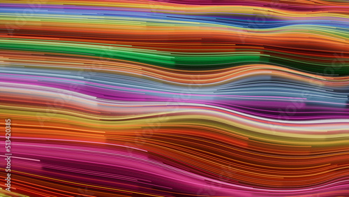 Orange, Pink and Green Colored Curves form Wavy Lines Background. 3D Render.