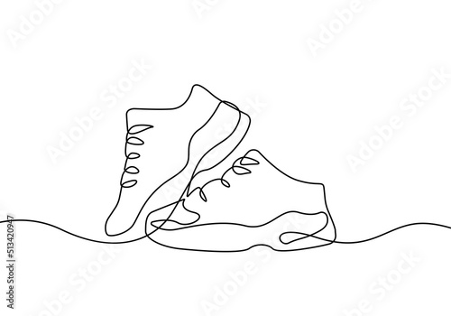 Continuous One Line Drawing of Abstract Sneakers Silhouette. Sports Shoes Simple Line Art Drawing for Wall Decor, Print, Poster. Modern Sneakers Minimalist Vector Illustration.