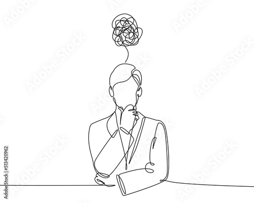 Man Thinks Trendy Line Art Drawing. Reflections Concept Minimalist Black Sketch Isolated on White Background. Continuous One Line Abstract Drawing of Businessman for Modern Design. Vector EPS 10 photo