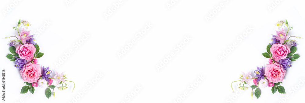 festive floral background banner. corner flower arrangement of pink roses and purple aquilegias on a white background isolated. festive floral background banner. corner flower arrangement of pink roses and purple aquilegias on a white background isolated.