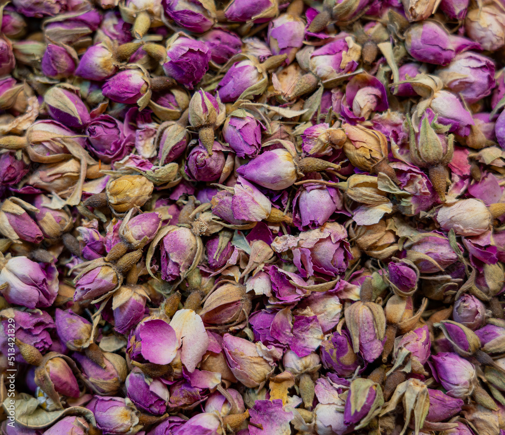 Dried small red-violet rose buds for background
