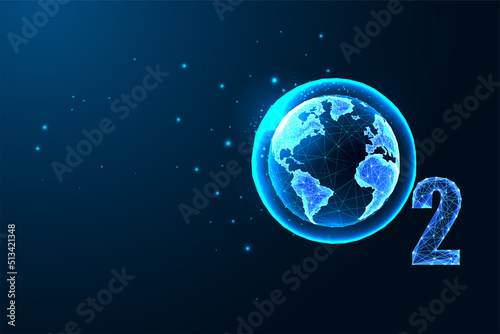Concept of world oxygen with O2 formula and planet Earth globe in futuristic glowing style on blue