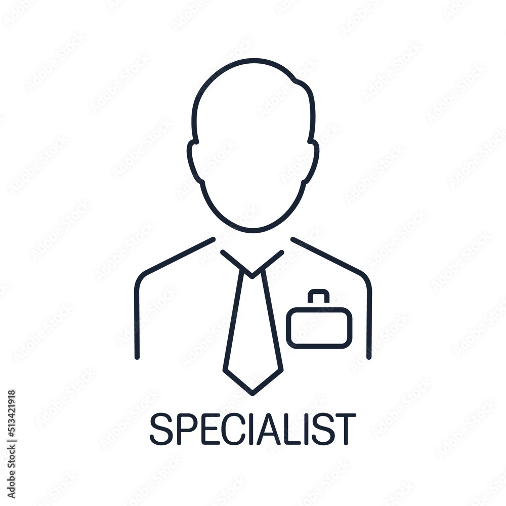 Man with a badge. Specialist. Vector linear icon isolated on white background. Man with a badge. Specialist. Vector linear icon isolated on white background.