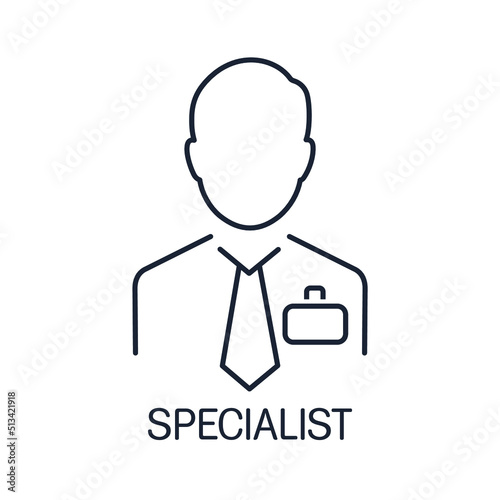Man with a badge. Specialist. Vector linear icon isolated on white background.