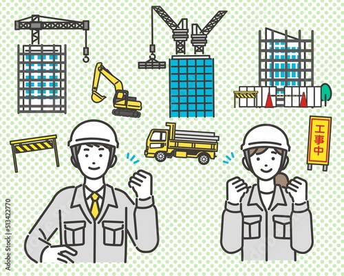 作業員とビル建設のアイコンのベクターイラスト素材／土木／建築／町／都市開発