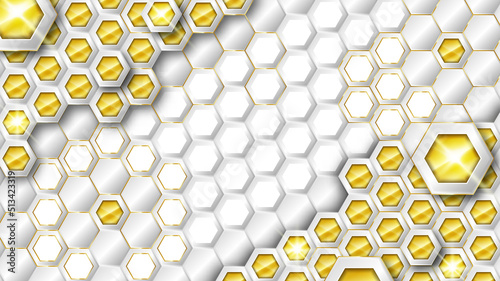 Realistic White and Gold Hexagonal Background