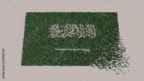 Aerial view of a Crowd of People, gathering to form the Flag of Saudi Arabia. Saudi Arabian Banner on White Background.