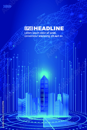 Dot line under the earth future city building future technology sense poster background