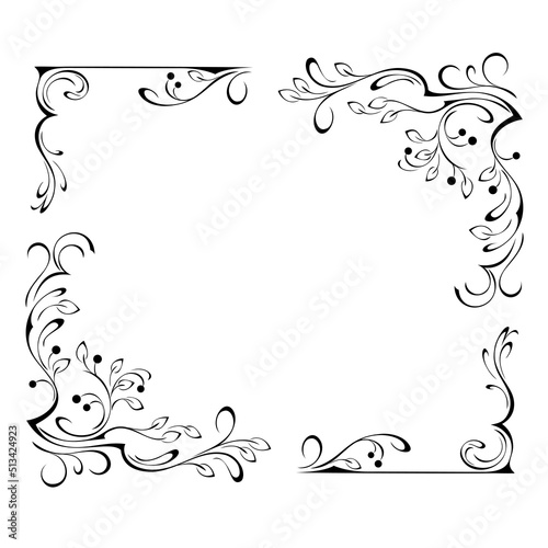 decorative frame with stylized flowers on stems with leaves and vignettes in black lines on a white background