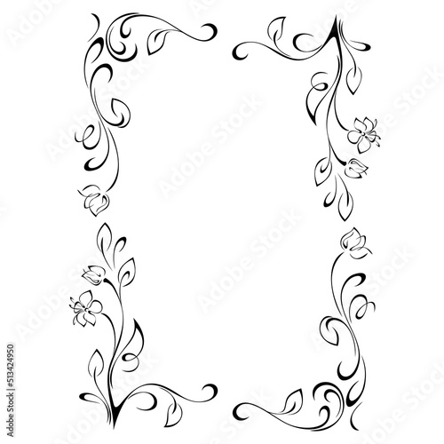 decorative frame with stylized flowers on stems with leaves and vignettes in black lines on a white background