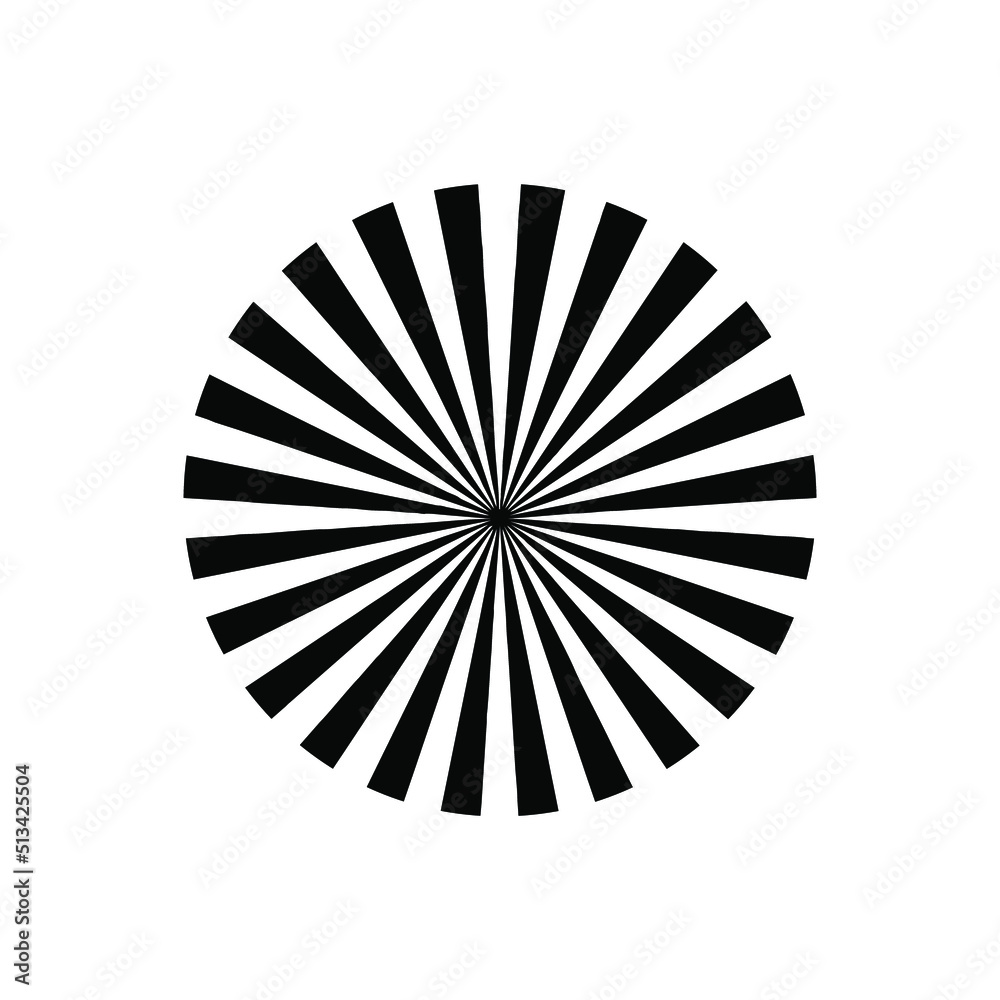 Rays, beams element. Sunburst, starburst shape on white. Radiating, radial, merging lines. Abstract circular geometric shape.