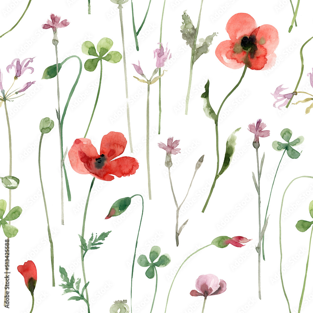 Fototapeta premium Wildflowers and herbs, poppies, clover, carnations seamless watercolor pattern on white background. Bright summer flowers hand-drawn watercolor background.