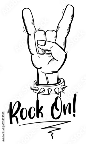 Rock On - drawn black and white heavy metal hand gesture 