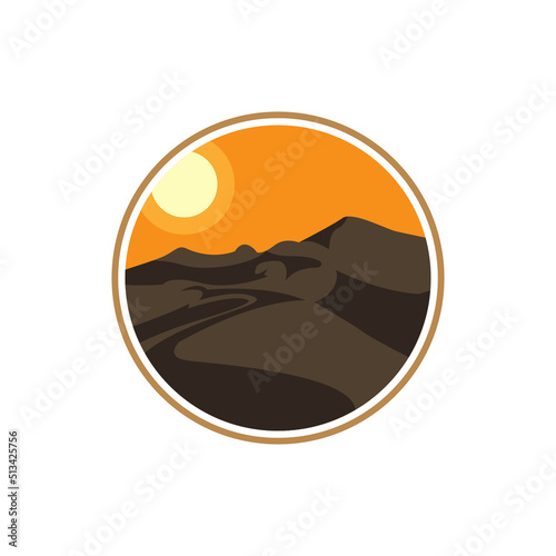 Desert logo design template with sunset and a silhouette of a camel. illustration