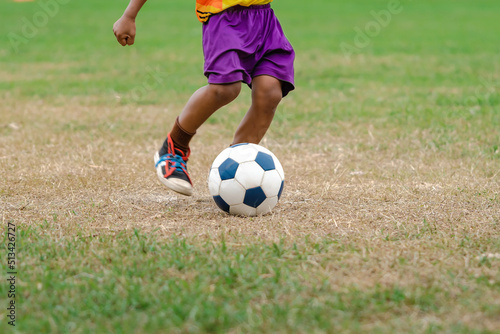 Football soccer children training class. Kindergarten and elementary school kids playing football in a field. Group of boys running and kicking soccer on sports grass pitch. Selective focus on ball.