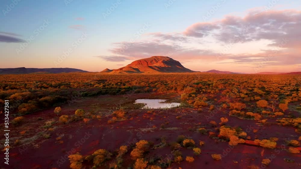 Aerial footage of sunset Mt Robinson in Karijini national park, Western Australia