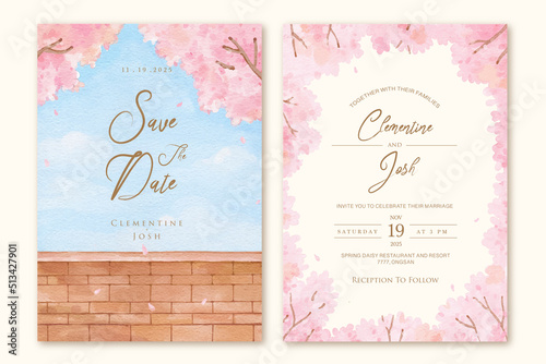 Set of wedding invitation template with watercolor pink cherry blossom brick wall landscape